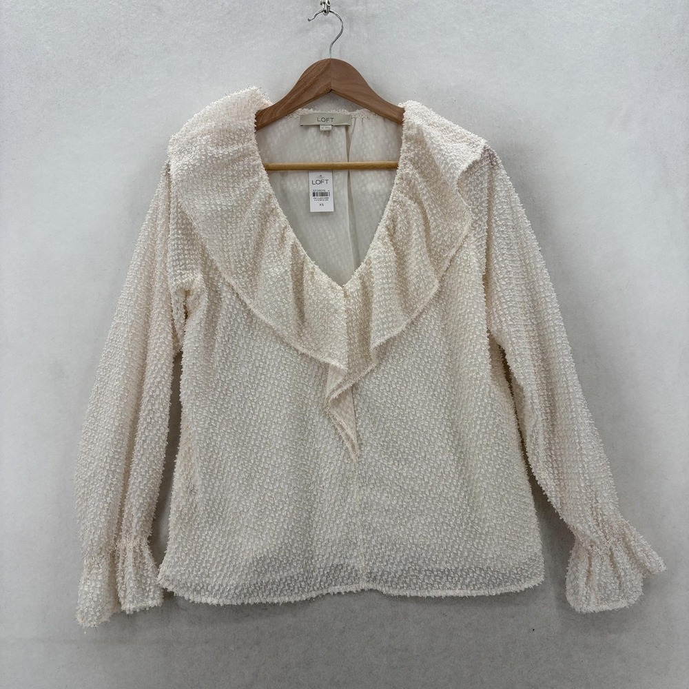 LOFT Blouse Womens XS White Ruffle V Neck Long Sleeve Textured Lined Top NWT